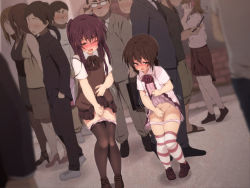 Rule 34 | 2boys, adjusting eyewear, androgynous, blue eyes, blush, brothers, brown eyes, brown hair, censored, clothes lift, clothes pull, crossdressing, crowd, glasses, have to pee, highres, hinahara hajime, loafers, masturbation, multiple boys, onlookers, open mouth, outdoors, panties, panty pull, pantyhose, pantyhose pull, penis, pigeon-toed, pleated skirt, public indecency, seiryoku-zai de seiyoku bohatsu!, shoes, siblings, skirt, skirt lift, striped legwear, sweater, sweater vest, thighhighs, trap, trembling, twintails, underwear, wince