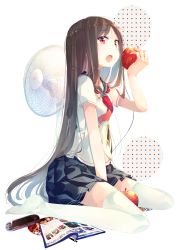Rule 34 | 1girl, apple, benio (dontsugel), brown hair, electric fan, food, fruit, handheld game console, highres, holding, long hair, looking at viewer, magazine (object), nmaaaaa, no shoes, open mouth, orange eyes, original, playstation vita, pleated skirt, school uniform, serafuku, simple background, sitting, skirt, solo, thighhighs, very long hair, white background, white thighhighs, zettai ryouiki