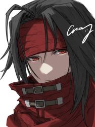 Rule 34 | 1boy, bandana, black hair, cloak, crazy02oekaki, final fantasy, final fantasy vii, frown, headband, long hair, looking to the side, male focus, messy hair, pale skin, red eyes, solo, square enix, vincent valentine, white background