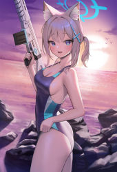 Rule 34 | 1girl, :d, absurdres, animal ear fluff, animal ears, assault rifle, blue archive, blue eyes, blue one-piece swimsuit, blush, breasts, competition swimsuit, cross hair ornament, dong ji, from side, grey hair, gun, hair ornament, halo, highres, holding, holding gun, holding weapon, medium breasts, ocean, one-piece swimsuit, open mouth, outdoors, rock, shiroko (blue archive), shiroko (swimsuit) (blue archive), sig sauer 556, sky, smile, solo, swimsuit, weapon