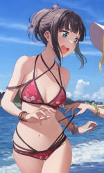 Rule 34 | 2girls, bangle, bare shoulders, bikini, black hair, blue sky, blunt bangs, bracelet, breasts, cleavage, collarbone, commentary request, cowboy shot, criss-cross halter, flower, frilled bikini, frills, green eyes, hair bun, hair flower, hair ornament, halterneck, hat, highres, jewelry, kurosawa dia, long hair, looking at another, love live!, love live! sunshine!!, midriff, multi-strapped bikini, multiple girls, multiple straps, navel, ohara mari, open mouth, out of frame, outdoors, photo background, pink flower, red bikini, shamakho, single hair bun, sky, small breasts, solo focus, standing, stomach, strap pull, sun hat, swimsuit, water, watermark, white headwear
