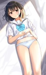 Rule 34 | 1girl, bed, black hair, blue bow, blue bowtie, blue panties, blush, bow, bowtie, brown eyes, burenbo, closed mouth, crotch seam, day, frown, highres, lace, lace-trimmed panties, lace trim, long hair, looking at viewer, lying, navel, no pants, on back, on bed, original, panties, sailor collar, school uniform, serafuku, shirt, short sleeves, sidelocks, solo, sunlight, thighs, underwear, white sailor collar, white shirt