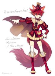 Rule 34 | 10s, 1girl, animal ears, artist name, bike shorts, boots, brown cape, cape, character name, copyright name, cure chocolat, dog ears, dog tail, earrings, extra ears, full body, gloves, hand on own hip, hat, highres, jewelry, kenjou akira, kirakira precure a la mode, kiritani846, looking at viewer, magical girl, outstretched arm, precure, red eyes, red hair, short hair, simple background, skirt, solo, standing, tail, thighhighs, white background, white gloves, white thighhighs