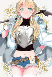 Rule 34 | 1girl, armor, bad id, bad pixiv id, bandaid, belt, blonde hair, breastplate, cutoffs, denim, denim shorts, gloves, green eyes, hair ribbon, hand on own hip, hip focus, holding, jacket, jacket on shoulders, long hair, looking at viewer, low twintails, midriff, navel, nod, open clothes, open fly, open shorts, ribbon, seyfarf (sword girls), shirt, short shorts, shorts, shovel, skindentation, solo, sword girls, thighhighs, twintails, unzipped, white gloves, white thighhighs, worktool, zettai ryouiki