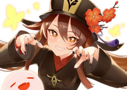 Rule 34 | 1girl, bead bracelet, beads, black coat, black hat, blush, bracelet, breasts, brown hair, bug, butterfly, claw pose, coat, flower, genshin impact, ghost, grin, hat, hat flower, hu tao (genshin impact), insect, jewelry, long hair, long sleeves, looking at viewer, plum blossoms, red eyes, ring, small breasts, smile, solo, symbol-shaped pupils, twintails, tyenka7728, very long hair