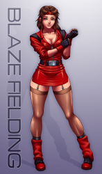 Rule 34 | 1girl, blaze fielding, breasts, character name, cleavage, jiggeh, large breasts, sega, solo, streets of rage, thighhighs