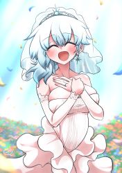 Rule 34 | 1girl, absurdres, alternate costume, asymmetrical hair, blue hair, breasts, bridal veil, bride, closed eyes, dress, happy, highres, large breasts, light blue hair, merlin prismriver, open mouth, marriage proposal, scavia10, solo, touhou, veil, wedding dress