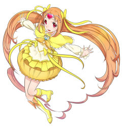 Rule 34 | 10s, 1girl, boots, bow, brooch, bubble skirt, choker, circlet, cure muse, cure muse (yellow), dress, hair ribbon, heart, jewelry, knee boots, long hair, looking at viewer, magical girl, mikurou (nayuta), orange hair, precure, ribbon, shirabe ako, skirt, smile, solo, suite precure, yellow bow