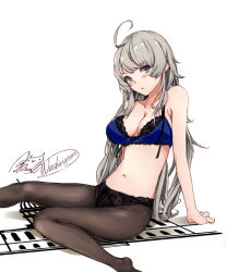 Rule 34 | 1girl, ahoge, black pantyhose, blue bra, blush, bra, breasts, character name, cleavage, collarbone, grey eyes, headgear, highres, kantai collection, large breasts, long hair, navel, panties, panties under pantyhose, pantyhose, rizzl, signature, silver hair, simple background, solo, twitter username, underwear, washington (kancolle), white background