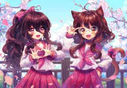 Rule 34 | 2girls, adjusting eyewear, ahoge, animal ears, blush, bow, brown hair, cat ears, cat girl, cat tail, cherry blossoms, collaboration, collarbone, day, fang, glasses, hair between eyes, hair bow, hand on own hip, heart, heart ahoge, heart hands, kirakipeachy, long hair, long sleeves, looking at viewer, lucky star, messy hair, multiple girls, neckerchief, omaoti, open mouth, original, outdoors, pink bow, pink eyes, pleated skirt, ponytail, red neckerchief, red skirt, round eyewear, shirt, sidelocks, skirt, smile, tail, tail bow, tail ornament, wavy hair, white shirt