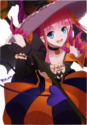 Rule 34 | 10s, 1girl, blue eyes, collar, collarbone, demon tail, dress, elizabeth bathory (fate), elizabeth bathory (fate/extra ccc), elizabeth bathory (fate/grand order), elizabeth bathory (halloween caster) (fate), fang, fangs, fate/extra, fate/extra ccc, fate/grand order, fate (series), halloween costume, hat, highres, holding, long hair, looking at viewer, open mouth, pink hair, pointy ears, signature, solo, staff, striped clothes, striped dress, tail, vertical-striped clothes, vertical-striped dress, witch hat, ycco (estrella)