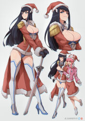 Rule 34 | 2girls, adapted costume, bakuzan, black hair, blue eyes, boots, breasts, cape, cleavage, closed eyes, closed mouth, coffee cup, commentary, cup, disposable cup, english commentary, epaulettes, full body, fur-trimmed cape, fur-trimmed jacket, fur-trimmed skirt, fur-trimmed sleeves, fur trim, gloves, hair ornament, hairclip, hand on hilt, hat, high heel boots, high heels, highres, holding, holding cup, jacket, jakuzure nonon, jammeryx, junketsu, kill la kill, kiryuuin satsuki, large breasts, leotard, long hair, long sleeves, looking at viewer, looking to the side, multiple girls, multiple views, open mouth, patreon logo, pink eyes, pink hair, pink jacket, planted, planted sword, planted weapon, red headwear, red jacket, red skirt, santa hat, sheath, sheathed, sidelocks, skirt, smile, standing, sword, thick eyebrows, thigh boots, track jacket, twitter logo, twitter username, v-shaped eyebrows, very long hair, waist cape, weapon, white background, white footwear, white gloves
