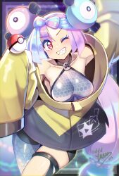 Rule 34 | 1girl, ahoge, arm up, asymmetrical legwear, bare shoulders, black jacket, blue hair, blush, bow-shaped hair, breasts, character hair ornament, clenched teeth, collarbone, creatures (company), game freak, gen 1 pokemon, grey pantyhose, grey shirt, hair ornament, hexagon print, highres, iono (pokemon), jacket, large breasts, light blue hair, long sleeves, looking at viewer, magnemite, mismatched legwear, multicolored clothes, multicolored hair, multicolored jacket, nintendo, one eye closed, oversized clothes, pantyhose, pink eyes, pink hair, poke ball, poke ball (basic), pokemon, pokemon sv, sharp teeth, shirt, signature, single leg pantyhose, sleeveless, sleeveless shirt, sleeves past fingers, sleeves past wrists, smile, solo, split-color hair, teeth, thigh strap, thighs, twitter username, two-tone hair, two-tone jacket, very long sleeves, wide sleeves, x, yasu suupatenin, yellow jacket