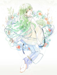 Rule 34 | 1boy, androgynous, barefoot, chain, emo (ricemo), enkidu (fate), fate/grand order, fate/strange fake, fate (series), flower, green eyes, green hair, leaf, long hair, looking back, male focus, open mouth, smile