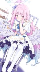 Rule 34 | 1girl, angel wings, black footwear, blue archive, blush, breasts, capelet, closed mouth, crescent, crescent pin, dress, feathered wings, flower, hair bun, hair flower, hair ornament, halo, heimu (heim kstr), highres, large breasts, long hair, looking at viewer, mika (blue archive), pantyhose, pink hair, pink halo, purple flower, shoes, single side bun, sitting, smile, solo, white capelet, white dress, white pantyhose, white wings, wings, yellow eyes