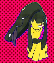 Rule 34 | 1girl, black hair, black skin, blunt bangs, closed mouth, collarbone, colored skin, creatures (company), extra mouth, female focus, flat chest, full body, game freak, gen 3 pokemon, half-closed eyes, hand on own knee, long hair, looking at viewer, mawile, minashirazu, multicolored skin, nintendo, pokemon, pokemon (creature), polka dot, polka dot background, purple outline, red background, red eyes, sad, sharp teeth, simple background, sitting, solo, teeth, tongue, tongue out, two-tone skin, yellow skin