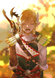 Rule 34 | 1boy, arms behind back, belt, blonde hair, blurry, blurry background, bow (weapon), closed eyes, cowboy shot, facing viewer, fur collar, fur trim, hair ornament, horns, link, long sleeves, male focus, medium hair, nintendo, open mouth, outdoors, pointy ears, snowquill set (zelda), solo, starstruckdon, sword, teeth, the legend of zelda, the legend of zelda: breath of the wild, weapon