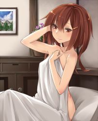 Rule 34 | 10s, 1girl, arm up, bed sheet, blush, body blush, brown eyes, brown hair, collarbone, flower, hair ornament, hairclip, hand in own hair, holding, ikazuchi (kancolle), indoors, kantai collection, long hair, looking at viewer, naked sheet, aged up, on bed, photo (object), pillow, short hair, sitting, smile, solo, yasu (yossy)