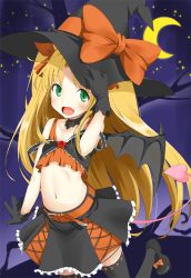 Rule 34 | 1girl, :d, astarotte ygvar, bad id, bad pixiv id, bat wings, black thighhighs, blonde hair, blush, crescent moon, demon tail, fang, flat chest, gloves, green eyes, hair ribbon, hat, holding, holding clothes, holding hat, long hair, looking at viewer, lotte no omocha!, midriff, moon, navel, nemo (piisukun), night, night sky, open mouth, ribbon, skirt, sky, smile, solo, star (sky), strap slip, tail, thighhighs, wings, witch hat