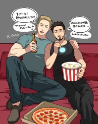 Rule 34 | 2boys, arc reactor, avengers (series), bare shoulders, bed, beer bottle, black hair, black pants, black tank top, blonde hair, blue eyes, blue pants, blue shirt, blush, bottle, brown eyes, closed mouth, collarbone, covered collarbone, crossed legs, facial hair, food, grey background, grey footwear, hand on another&#039;s shoulder, hands up, holding, holding bottle, holding food, looking at viewer, male focus, marvel, multiple boys, on bed, open mouth, pants, pillow, pizza, pizza box, popcorn, shirt, shoes, short hair, short sleeves, simple background, sitting, sparkle, speech bubble, steve rogers, sweatdrop, t-shirt, tank top, teeth, tongue, tony stark, translation request, yukko93