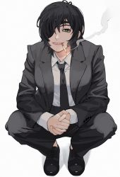 Rule 34 | 1girl, black hair, black necktie, chainsaw man, cigarette, collared shirt, eyepatch, formal, giganticbuddha, green eyes, grin, highres, himeno (chainsaw man), jacket, looking at viewer, necktie, one eye covered, own hands clasped, own hands together, pants, shirt, short hair, smile, smoking, solo, squatting, suit, white shirt