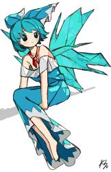 Rule 34 | 1girl, absurdres, adapted costume, barefoot, blue bow, blue dress, blue eyes, blue hair, bow, cirno, closed mouth, collarbone, dress, full body, hair bow, highres, ice, ice wings, long dress, looking away, neck ribbon, neruzou, off shoulder, red ribbon, ribbon, short hair, signature, sitting, solo, touhou, white background, wings