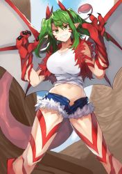 Rule 34 | 1girl, bad id, bad pixiv id, bare shoulders, blue sky, breasts, claws, collarbone, commentary request, crop top, cutoffs, day, denim, denim shorts, dragon girl, dragon horns, dragon tail, dragon wings, facial mark, feet out of frame, fur trim, green eyes, green hair, grin, hair between eyes, highres, horns, huge breasts, leg tattoo, long hair, looking at viewer, midriff, navel, open fly, original, outdoors, pointy ears, red vest, sharp teeth, shirt, short shorts, shorts, sidelocks, sky, sleeveless, sleeveless shirt, smile, solo, stomach, suminagashi, tail, tattoo, teeth, thighs, tree, two side up, v-shaped eyebrows, vest, white shirt, wings