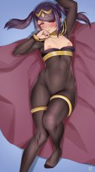 Rule 34 | 1girl, alternate costume, black bodysuit, bodystocking, bodysuit, breasts, breasts out, bridal gauntlets, cosplay, covered navel, dark mage (fire emblem awakening), female pubic hair, finalcake, fire emblem, fire emblem awakening, highres, jill stingray, lying, nintendo, nipples, on back, pubic hair, purple hair, red eyes, sidelocks, skin tight, small breasts, solo, tharja (fire emblem), tharja (fire emblem) (cosplay), twintails, va-11 hall-a