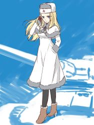 Rule 34 | 10s, 1girl, bad id, bad twitter id, black gloves, black pantyhose, blonde hair, blue eyes, boots, brown footwear, capelet, clara (girls und panzer), closed mouth, coat, commentary, dress, emblem, full body, fur hat, girls und panzer, gloves, hand in own hair, hand in pocket, hat, high heel boots, high heels, highres, inactive account, long dress, long hair, long sleeves, looking at viewer, military, military vehicle, motor vehicle, pantyhose, sabaku chitai, smile, solo, standing, tank, ushanka, white capelet, white coat, white hat, wind
