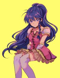 Rule 34 | 1girl, ahoge, armor, bad id, bad pixiv id, blue eyes, blue hair, blush, braid, breasts, dress, fire emblem, fire emblem: the sacred stones, frilled dress, frills, gloves, highres, invisible chair, long hair, looking at viewer, medium breasts, nintendo, ponytail, short dress, shoulder armor, side braids, simple background, sitting, sleeveless, solo, sushitarou, tana (fire emblem), thighhighs, thighs, twin braids, white gloves, white thighhighs, yellow background, zettai ryouiki
