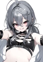 1girl absurdres ahoge arm_strap armpits bare_shoulders black_shirt black_survival breasts crop_top eternal_return:_black_survival freng garnet_(black_survival) grey_hair grin hair_between_eyes highres long_hair looking_at_viewer low_twintails midriff navel outstretched_arms red_eyes shirt simple_background sleeveless sleeveless_shirt small_breasts smile solo stomach twintails white_background