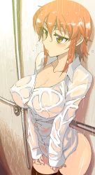 Rule 34 | 1girl, black thighhighs, blush, breasts, cleavage, covered erect nipples, kusanagi tonbo, large breasts, naked shirt, nipples, orange hair, original, see-through, shirt, short hair, showering, sleeves past wrists, solo, standing, thighhighs, wet, wet clothes, yellow eyes