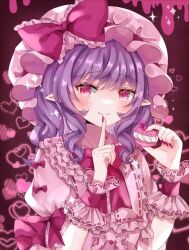 Rule 34 | 1girl, bow, bowtie, center frills, closed mouth, collared shirt, finger to mouth, fingernails, food, frilled bow, frilled shirt collar, frilled sleeves, frills, hat, hat bow, hat ribbon, heart, heart background, holding, holding food, jaku sono, looking at another, medium hair, mob cap, nail polish, pink background, pink bow, pink bowtie, pink eyes, pink hat, pink nails, pink shirt, pink theme, pointy ears, puffy short sleeves, puffy sleeves, purple hair, red bow, red ribbon, remilia scarlet, ribbon, sharp fingernails, shirt, short sleeves, smile, solo, touhou, upper body, valentine, wrist cuffs