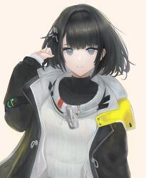 Rule 34 | 1girl, absurdres, arknights, arknights: endfield, black eyes, black hair, black jacket, black shirt, endministrator (arknights), female endministrator (arknights), grey background, hair ornament, hand up, highres, jacket, layered sleeves, long sleeves, looking at viewer, open clothes, open jacket, pita (pizza 594), shirt, short hair, simple background, smile, solo, sweater, upper body, white sweater