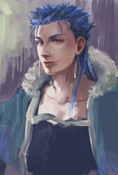 Rule 34 | 1boy, blue hair, capelet, closed mouth, collarbone, cu chulainn (caster) (fate), cu chulainn (fate), earrings, fate/grand order, fate (series), fur-trimmed hood, fur trim, highres, hood, hood down, hooded capelet, jewelry, long hair, male focus, red eyes, sasamura, smile, solo, spiked hair