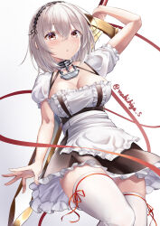Rule 34 | 1girl, absurdres, anchor choker, apron, artist name, azur lane, breasts, brown dress, choker, cleavage, commentary request, dress, framed breasts, frilled choker, frilled dress, frills, hair between eyes, hairband, highres, holding, holding sword, holding weapon, lace-trimmed hairband, lace trim, large breasts, looking at viewer, makihige, puffy short sleeves, puffy sleeves, red eyes, red ribbon, ribbon, ribbon-trimmed thighhighs, ribbon trim, short hair, short sleeves, simple background, sirius (azur lane), solo, sword, sword behind back, thighhighs, waist apron, weapon, white apron, white dress, white hair, white thighhighs
