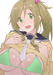 Rule 34 | 1girl, :d, bikini, black sailor collar, blush, breasts, cleavage, clothes lift, fang, green bikini, green eyes, green hair, hair bobbles, hair ornament, head tilt, highres, inuyama aoi, large breasts, lifting own clothes, long hair, long sleeves, looking at viewer, neckerchief, open mouth, sailor collar, school uniform, serafuku, shiny skin, sidelocks, simple background, skin fang, smile, solo, sweater, sweater lift, swimsuit, tareme, thick eyebrows, underboob, upper body, white background, yellow sweater, yurucamp