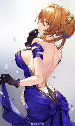 1girl back backless_dress backless_outfit black_gloves blue_dress breasts brown_hair chinese_commentary commentary_request dress dress_flower flower girls&#039;_frontline girls&#039;_frontline_2:_exilium gloves green_eyes hatoyama_itsuru highres long_hair looking_at_viewer official_alternate_costume parted_lips simple_background skirt_hold smile solo springfield_(girls&#039;_frontline) springfield_(queen_in_radiance)_(girls&#039;_frontline) weibo_logo weibo_watermark white_flower