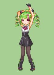 Rule 34 | 1girl, armpits, arms up, black footwear, black skirt, delutaya, drill hair, earrings, full body, gloves, green hair, indie virtual youtuber, jewelry, pixel art, red eyes, ricky (ricky mseb), skirt, stretching, twin drills, twintails, virtual youtuber