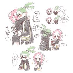 Rule 34 | 1boy, 1girl, agent 3 (splatoon), agent 8 (splatoon), black cape, black skirt, blush, cape, chocolate, crop top, ear blush, english text, green hair, grey eyes, headgear, high-visibility vest, highres, hug, inkling, inkling boy, inkling player character, medium hair, miniskirt, nintendo, octoling, octoling girl, octoling player character, pink hair, pointy ears, ponytail, short hair, simple background, skirt, sparkle, speech bubble, splatoon (series), splatoon 2, splatoon 2: octo expansion, spoken blush, suction cups, tentacle hair, thenintlichen96, thought bubble, white background