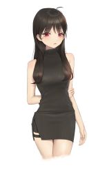Rule 34 | 1girl, ahoge, arm behind back, bare shoulders, black dress, blush, brown hair, closed mouth, dress, highres, long hair, original, pencil dress, pink lips, purple eyes, simple background, solo, turtleneck, white background, xi xeong