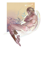 Rule 34 | 1boy, absurdres, angel, angel and devil, angel wings, ass, bara, barefoot, beard, blonde hair, closed eyes, completely nude, convenient leg, crossed arms, crrispy shark, facial hair, feathered wings, from side, full beard, full body, halo, highres, inset border, male focus, mature male, midair, monster boy, nude, original, profile, short hair, sleeping, solo, thick eyebrows, toned, toned male, white wings, wings