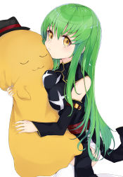 Rule 34 | 1girl, blush, breast press, breasts, c.c., cheese-kun, code geass, detached sleeves, green hair, highres, kou mashiro, large breasts, long hair, looking at viewer, pout, simple background, solo, thighhighs, white background, white thighhighs, yellow eyes