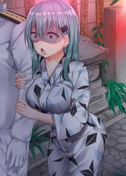 Rule 34 | 10s, 1boy, 1girl, absurdres, admiral (kancolle), arm grab, arm hug, breasts, commentary request, constricted pupils, crying, crying with eyes open, epaulettes, gloves, green eyes, green hair, hair between eyes, hair ornament, hairclip, heavy breathing, highres, jack dempa, japanese clothes, kantai collection, kimono, large breasts, leaning forward, long hair, long sleeves, military, military uniform, naval uniform, night, outdoors, scared, shaded face, solo focus, star (symbol), suzuya (kancolle), sweat, tears, turn pale, uniform, white gloves, yukata