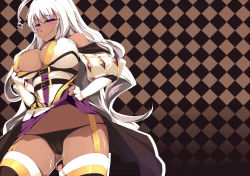 Rule 34 | 1girl, ahoge, belt, black panties, boots, breasts, checkered background, cleavage, clothes lift, dark-skinned female, dark skin, dean (momodean), fingerless gloves, garter straps, gloves, highres, large breasts, long hair, panties, puffy sleeves, purple eyes, pussy juice, sex toy, skirt, skirt lift, solo, sweat, tears, thigh boots, thighhighs, underwear, upskirt, vibrator, white gloves, white hair