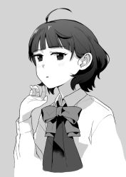 Rule 34 | 1girl, ahoge, banned artist, blunt bangs, commentary request, dress shirt, greyscale, halterneck, kantai collection, kishinami (kancolle), long sleeves, looking at viewer, makio (makiomeigenbot), monochrome, school uniform, shirt, short hair, solo, upper body, wavy hair