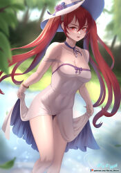 Rule 34 | 1girl, absurdres, alternate costume, artist name, bare legs, bare shoulders, black ribbon, blurry, blurry background, blush, bracelet, breasts, cleavage, collarbone, covered navel, day, depth of field, dress, feet out of frame, fire emblem, fire emblem awakening, hat, highres, holding, jewelry, lingerie, long hair, medium breasts, neck ribbon, nintendo, open mouth, outdoors, panties, pantyshot, pond, purple panties, red eyes, red hair, ribbon, severa (fire emblem), sleeveless, sleeveless dress, solo, standing, strap slip, sun hat, thigh gap, toned, twintails, underwear, upskirt, v-shaped eyebrows, very long hair, vilde loh hocen, wading, water, white dress, white hat