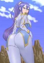 Rule 34 | 1girl, artist request, ass, blue hair, blush, bodysuit, breasts, from behind, from below, glasses, gloves, highres, jo aysel, large breasts, long hair, looking at viewer, ponytail, red eyes, shiny clothes, sideboob, skin tight, smile, solo, very long hair, zoids, zoids wild