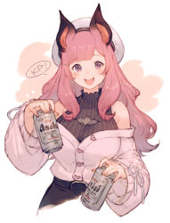 Rule 34 | 1girl, animal ears, animare, asahi breweries, bare shoulders, bat ears, beer can, black footwear, blunt bangs, blush, breasts, buttons, can, cardigan, commentary request, drink can, fangs, hat, heart, highres, holding, holding can, jewelry, junwool, large breasts, long hair, long sleeves, looking at viewer, nail polish, nanashi inc., necklace, off-shoulder sweater, off shoulder, open cardigan, open clothes, open mouth, pink hair, purple eyes, ribbon-trimmed sleeves, ribbon trim, sidelocks, simple background, sitting, smile, solo, sweater, umori hinako, upper body, virtual youtuber, white background, white cardigan, white hat, wide sleeves