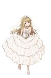 Rule 34 | 1girl, bare shoulders, blonde hair, blue eyes, breasts, bridal gauntlets, bridal veil, cleavage, dress, earrings, full body, highres, jewelry, long hair, looking at viewer, necklace, official art, princess (princess principal), princess principal, princess principal game of mission, skirt hold, solo, standing, tiara, transparent background, veil, very long hair, wedding dress, white dress, white footwear